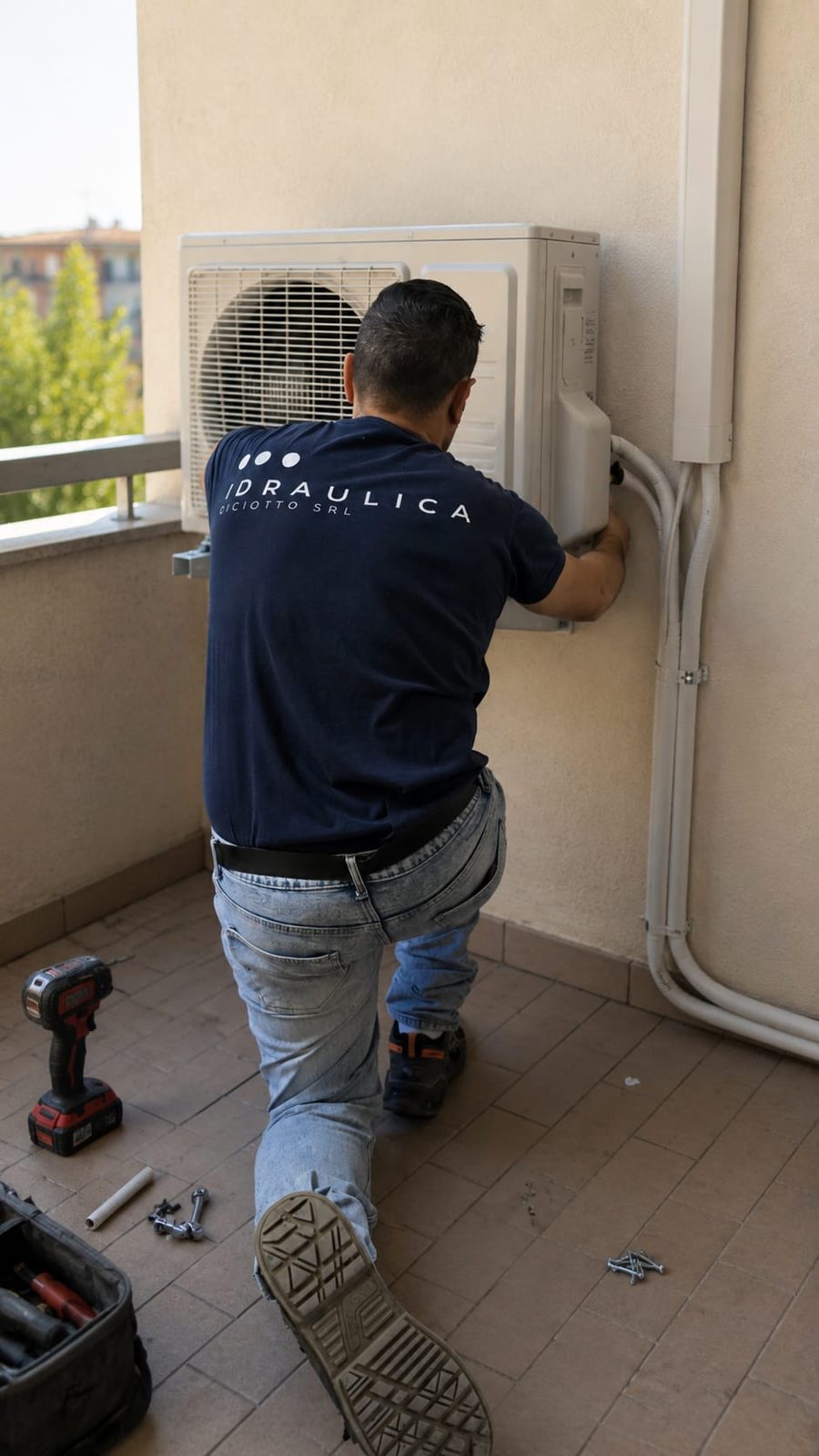Tecnico durante il fissaggio dell'unità esterna su balcone
